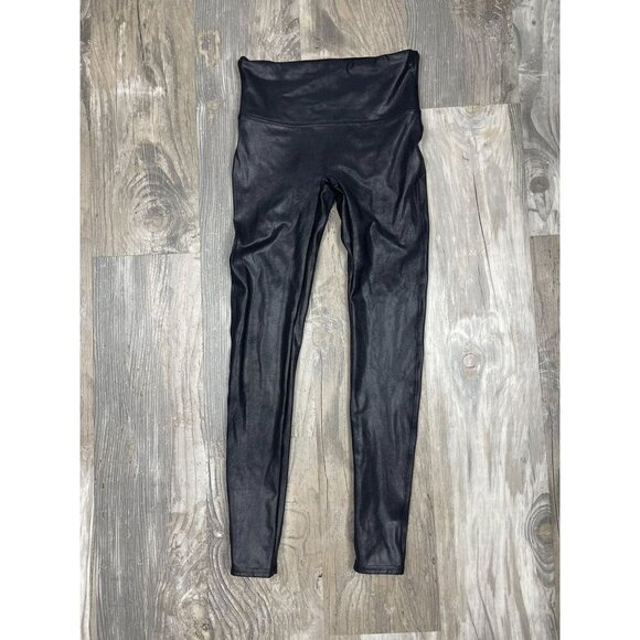 Spanx Faux Leather Shiny Leggings Medium Black Stretch - Picture 1 of 5
